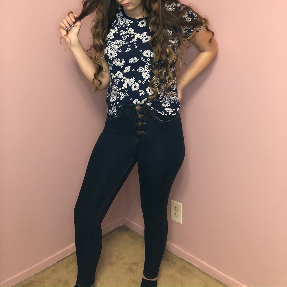 Deep Blue T-shirt  With White Flowers